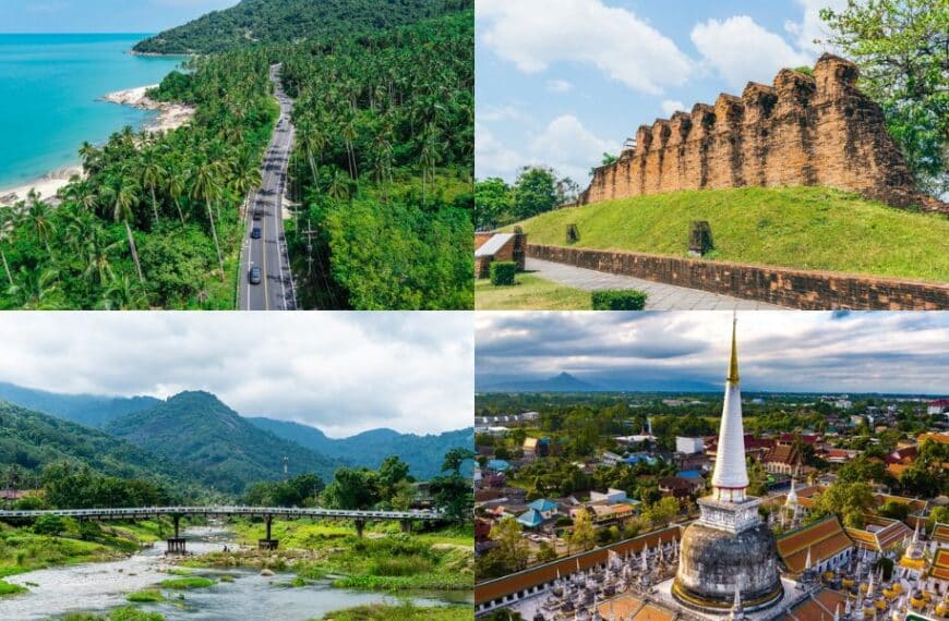 Collage ที่เที่ยวนครศรีธรรมราช จัดแสดงภูมิประเทศเขตร้อนและสถาปัตยกรรมประวัติศาสตร์ในเอเชียตะวันออกเฉียงใต้