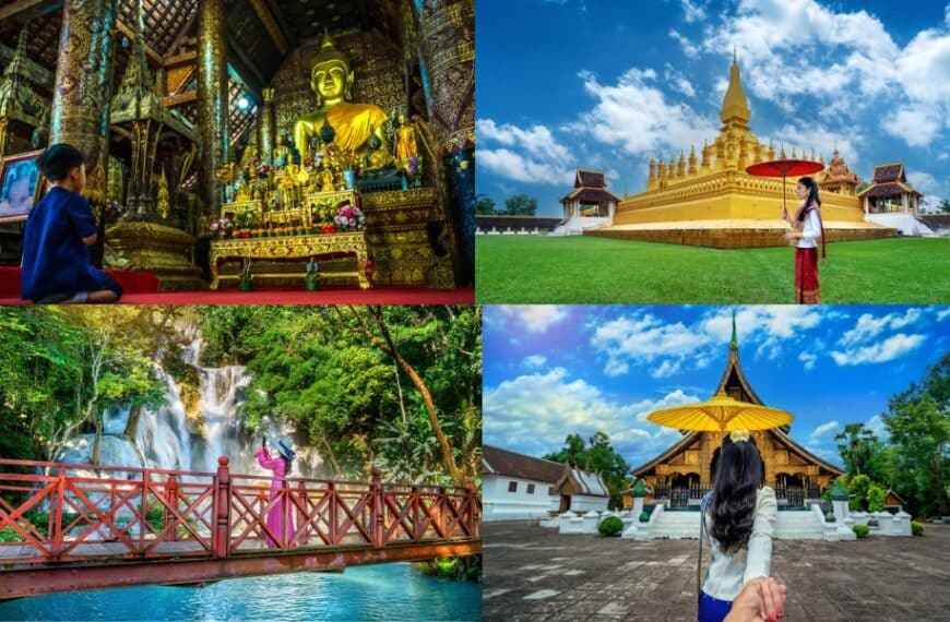 ภาพต่อกันสี่ภาพที่แสดงถึงประเทศไทย: คนในวัดที่มีพระพุทธรูป, พระราชวังทองคำ, คนบนสะพานสีแดงข้างน้ำตกในราชบุรี และผู้หญิง