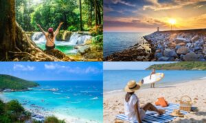 ภาพตัดต่อสี่ฉากการเดินทาง: ผู้หญิงที่น้ำตกใกล้กรุงเทพฯ, ชายฝั่งหินในยามพระอาทิตย์ตก, ชายหาดที่แออัดพร้อมเรือ, และผู้หญิงที่ผ่อนคลายบนชายหาดทรายพร้อมกระดานโต้คลื่น—เหมาะสำหรับคนที่ชอบเที่ยวใกล้กรุงเทพฯ.