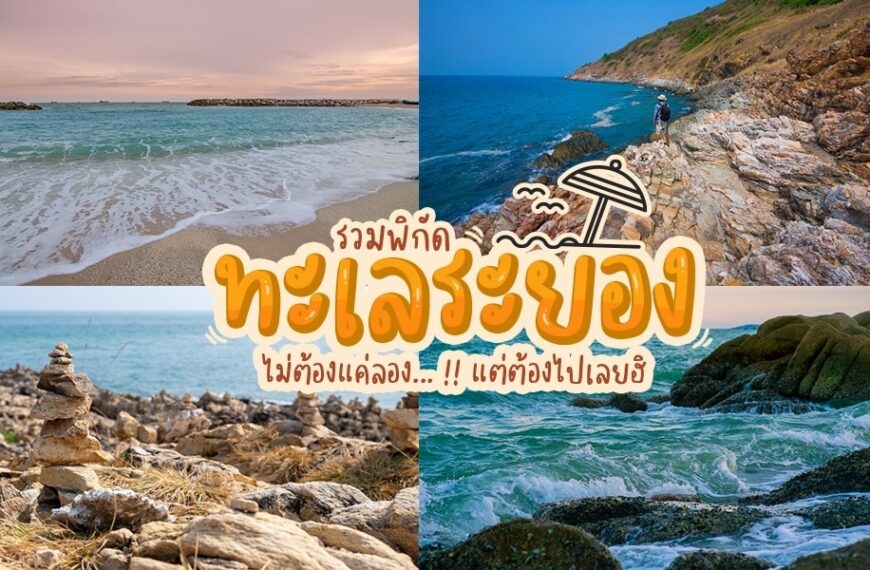 ภาพตัดต่อของสี่ฉากชายฝั่งทะเลที่แสดงให้เห็นหาดทราย ชายฝั่งหิน และคลื่นทะเล พร้อมข้อความภาษาไทยที่โดดเด่น และไฮไลท์ของหาดระยองที่ซ้อนทับอยู่ตรงกลาง.