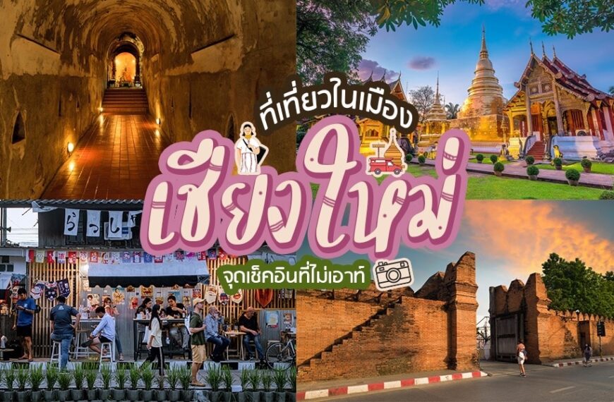 ภาพตัดต่อของสถานที่ท่องเที่ยวในเชียงใหม่ รวมถึงอุโมงค์ วัด ตลาดถนนคนเดิน และประตูท่าแพ พร้อมข้อความภาษาไทยเกี่ยวกับ ที่เที่ยวตัวเมืองเชียงใหม่ สำหรับการผจญภัยในการเดินทางครั้งต่อไปของคุณ.