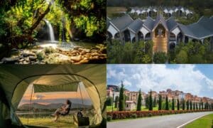 ภาพตัดต่อสี่ภาพ: น้ำตกในป่า, อาคารสมัยใหม่, คนหนึ่งคนอยู่นอกเต็นท์ในยามพระอาทิตย์ตก, และอาคารสไตล์เมดิเตอร์เรเนียน—แต่ละภาพถ่ายทอดเสน่ห์อันหลากหลายของ สถานที่ท่องเที่ยวเขาใหญ่ (Khao Yai attractions).