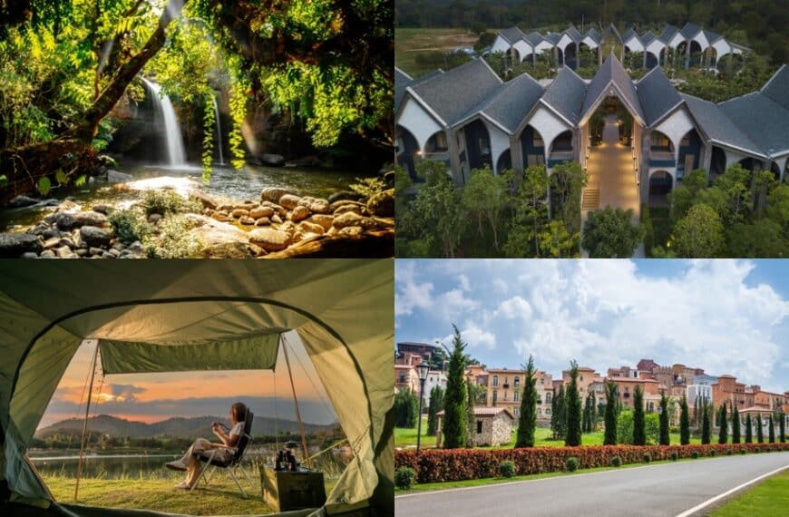 ภาพตัดต่อสี่ภาพ: น้ำตกในป่า, อาคารสมัยใหม่, คนหนึ่งคนอยู่นอกเต็นท์ในยามพระอาทิตย์ตก, และอาคารสไตล์เมดิเตอร์เรเนียน—แต่ละภาพถ่ายทอดเสน่ห์อันหลากหลายของ สถานที่ท่องเที่ยวเขาใหญ่ (Khao Yai attractions).