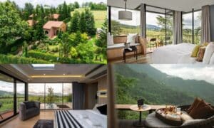 ภาพตัดต่อของที่พักทิวทัศน์สวยงามในเพชรบูรณ์, ประกอบด้วยสวนสวย, ห้องนอนทันสมัยพร้อมหน้าต่างขนาดใหญ่, และมื้ออาหารกลางแจ้งพร้อมวิวภูเขา.