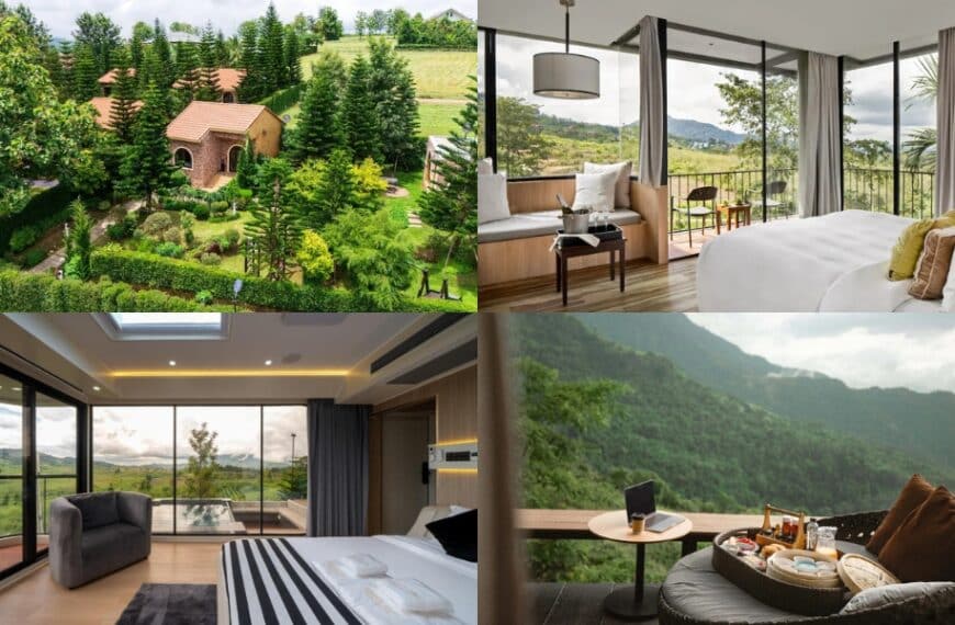 ภาพตัดต่อของที่พักทิวทัศน์สวยงามในเพชรบูรณ์, ประกอบด้วยสวนสวย, ห้องนอนทันสมัยพร้อมหน้าต่างขนาดใหญ่, และมื้ออาหารกลางแจ้งพร้อมวิวภูเขา.