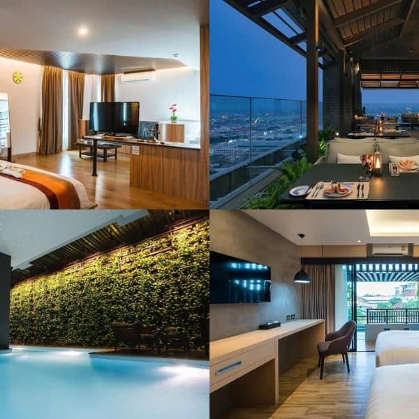ภาพคอลลาจของสี่ฉากภายในโรงแรม: ห้องนอนสไตล์โมเดิร์น, ร้านอาหารบนดาดฟ้าในช่วงพลบค่ำ, สระว่ายน้ำในร่มที่มีผนังสีเขียว, และห้องนอนคู่สไตล์ร่วมสมัยอีกห้องที่มีระเบียง — แสดงให้เห็นสิ่งอำนวยความสะดวกที่มีสไตล์ที่คุณสามารถคาดหวังได้ที่ โรงแรมขอนแก่น.