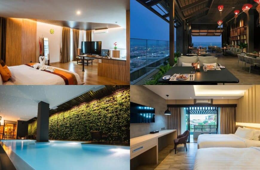 ภาพคอลลาจของสี่ฉากภายในโรงแรม: ห้องนอนสไตล์โมเดิร์น, ร้านอาหารบนดาดฟ้าในช่วงพลบค่ำ, สระว่ายน้ำในร่มที่มีผนังสีเขียว, และห้องนอนคู่สไตล์ร่วมสมัยอีกห้องที่มีระเบียง — แสดงให้เห็นสิ่งอำนวยความสะดวกที่มีสไตล์ที่คุณสามารถคาดหวังได้ที่ โรงแรมขอนแก่น.