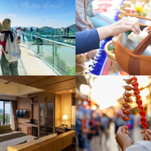 ภาพคอลลาจจากสี่ภาพแสดงให้เห็นสถานที่ท่องเที่ยวในเชียงคาน: ผู้คนบนสะพานกระจกใส, มือที่แลกเปลี่ยนสินค้าในตลาดที่คึกคัก, ห้องพักโรงแรมที่มีวิวแม่น้ำอันสงบ และผู้ถือผลไม้เคลือบน้ำตาลเสียบไม้บนถนนที่คึกคัก — ซึ่งถ่ายทอดเสน่ห์อันแท้จริงของสถานที่ท่องเที่ยวในเชียงคาน.