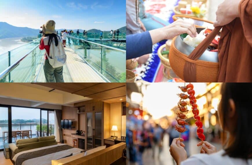 ภาพคอลลาจจากสี่ภาพแสดงให้เห็นสถานที่ท่องเที่ยวในเชียงคาน: ผู้คนบนสะพานกระจกใส, มือที่แลกเปลี่ยนสินค้าในตลาดที่คึกคัก, ห้องพักโรงแรมที่มีวิวแม่น้ำอันสงบ และผู้ถือผลไม้เคลือบน้ำตาลเสียบไม้บนถนนที่คึกคัก — ซึ่งถ่ายทอดเสน่ห์อันแท้จริงของสถานที่ท่องเที่ยวในเชียงคาน.
