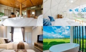 ภาพตัดต่อของห้องพักสี่ห้องที่ โรงแรมน่าน: ภายในตกแต่งด้วยไม้, ห้องทรงโดม, ห้องคู่สไตล์โมเดิร์น, และอ่างอาบน้ำกลางแจ้งพร้อมวิวทุ่งหญ้าเขียวขจีและภูเขา.