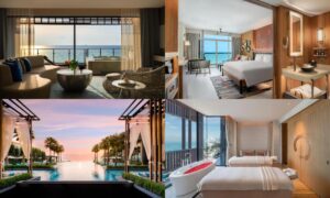 ภาพตัดต่อของรีสอร์ทหรูสี่ภาพ: ห้องโรงแรมสมัยใหม่สองห้อง, ห้องสปาพร้อมอ่างอาบน้ำ, และสระว่ายน้ำอินฟินิตี้กลางแจ้งที่มองเห็นทะเลในยามพระอาทิตย์ตกที่ โรงแรมติดทะเลพัทยา.