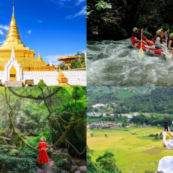 ภาพคอลลาจที่แสดงวัดสีทอง กลุ่มผู้ไปล่องแก่ง ผู้หญิงในป่าเขียวชอุ่มที่มีน้ำตก และผู้กำลังถ่ายภาพทุ่งนาสีเขียวจากบนเนินเขา — เชิญคุณมาค้นพบสถานที่ท่องเที่ยวในน่าน และดื่มด่ำไปกับเสน่ห์ของสถานที่ท่องเที่ยวยอดนิยมในน่าน.