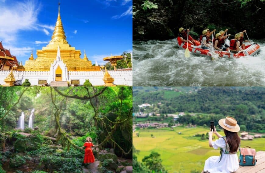 ภาพคอลลาจที่แสดงวัดสีทอง กลุ่มผู้ไปล่องแก่ง ผู้หญิงในป่าเขียวชอุ่มที่มีน้ำตก และผู้กำลังถ่ายภาพทุ่งนาสีเขียวจากบนเนินเขา — เชิญคุณมาค้นพบสถานที่ท่องเที่ยวในน่าน และดื่มด่ำไปกับเสน่ห์ของสถานที่ท่องเที่ยวยอดนิยมในน่าน.