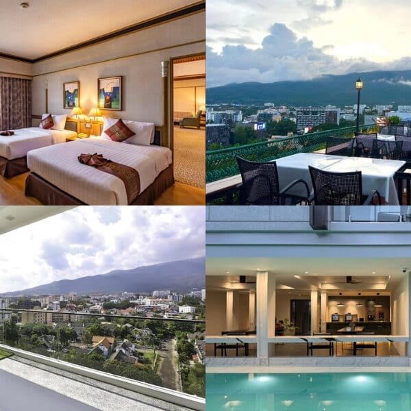 ภาพตัดต่อของสิ่งอำนวยความสะดวกในโรงแรมเชียงใหม่: ห้องเตียงคู่, ห้องอาหารบนดาดฟ้าพร้อมวิวเมือง, ระเบียงพร้อมอ่างอาบน้ำ, และห้องอาหารริมสระว่ายน้ำ.