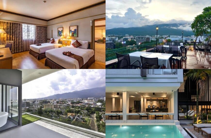 ภาพตัดต่อของสิ่งอำนวยความสะดวกในโรงแรมเชียงใหม่: ห้องเตียงคู่, ห้องอาหารบนดาดฟ้าพร้อมวิวเมือง, ระเบียงพร้อมอ่างอาบน้ำ, และห้องอาหารริมสระว่ายน้ำ.