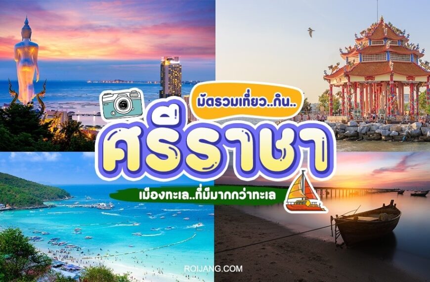 ภาพตัดปะของ ศรีราชาที่เที่ยว แสดงหาดทราย, พระพุทธรูปขนาดใหญ่, ศาลเจ้า, และเรือบนน้ำ, พร้อมข้อความภาษาไทยที่ส่งเสริมการท่องเที่ยวในศรีราชา.