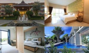 ภาพตัดต่อสี่ภาพที่ โรงแรมในเชียงราย: ด้านนอกพร้อมน้ำพุ, ห้องนอนพร้อมระเบียง, เตียงคู่พร้อมตกแต่งดอกไม้, และบริเวณสระว่ายน้ำกลางแจ้งล้อมรอบด้วยต้นไม้.