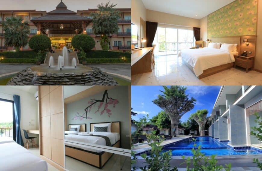 ภาพตัดต่อสี่ภาพที่ โรงแรมในเชียงราย: ด้านนอกพร้อมน้ำพุ, ห้องนอนพร้อมระเบียง, เตียงคู่พร้อมตกแต่งดอกไม้, และบริเวณสระว่ายน้ำกลางแจ้งล้อมรอบด้วยต้นไม้.