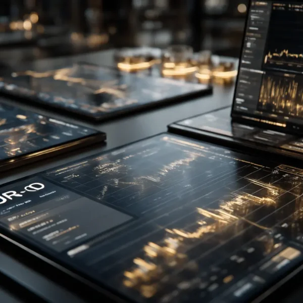 หน้าจอดิจิทัลหลายจอแสดงแผนภูมิทางการเงิน กราฟ และข้อมูลสกุลเงิน รวมทั้ง EUR-USD บนโต๊ะมืดที่ทันสมัย.