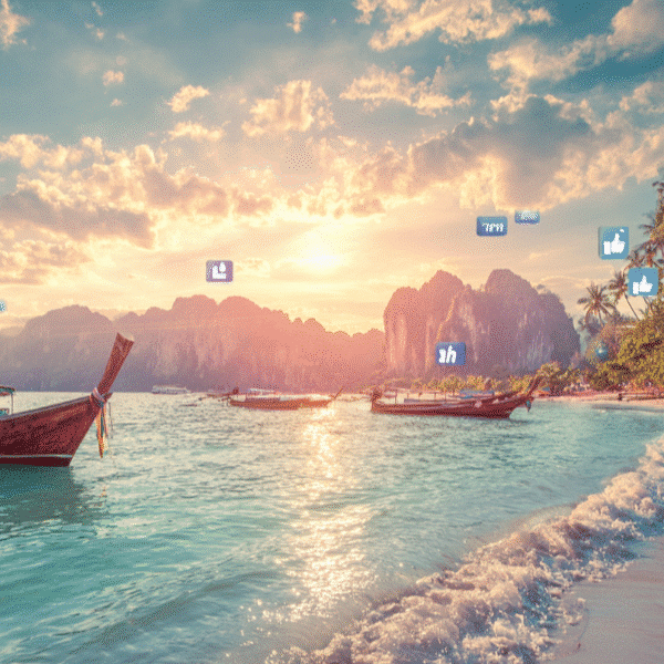 ชายหาดเขตร้อนยามพระอาทิตย์ตกดิน มีเรือลอยอยู่บนผืนน้ำ และไอคอนโซเชียลมีเดียลอยอยู่เหนือฉาก.