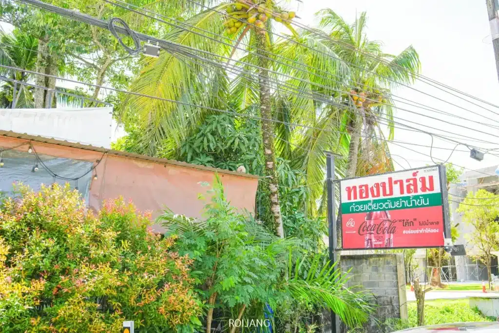 ภาพถนนที่มีพืชเขตร้อน ต้นปาล์ม สายไฟ และป้ายร้านค้าภาษาไทยที่มีแบรนด์โคคา-โคล่าและชื่อ ทองปาล์มก๋วยเตี๋ยวต้มยำน้ำข้น.