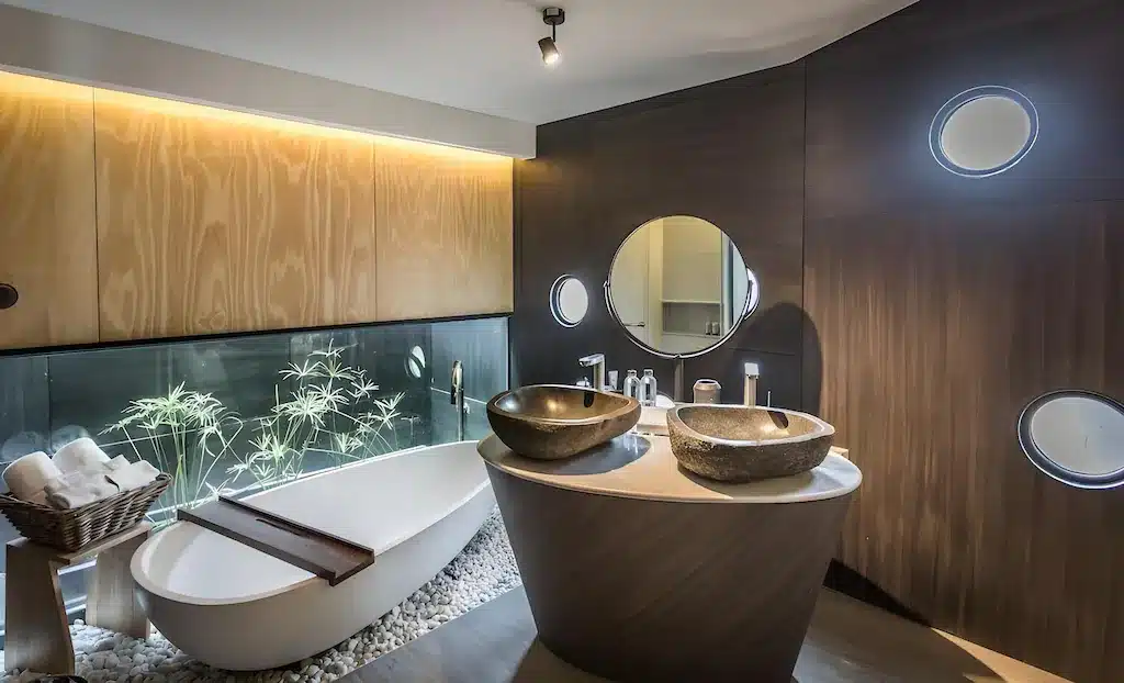 ห้องน้ำสไตล์โมเดิร์นพร้อมอ่างอาบน้ำแบบลอยตัว อ่างล้างหน้าคู่หินธรรมชาติ กระจกทรงกลม และตกแต่งด้วยไม้ สร้างบรรยากาศผ่อนคลายเสมือนพักผ่อนที่ แหล่งท่องเที่ยวกาญจนบุรี ผนังกระจกประดับด้วยพืชใต้น้ำและตะกร้าผ้าขนหนูบนหินสีขาว เพิ่มความสงบและร่มรื่น.