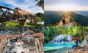 ภาพตัดต่อสี่ฉากการเดินทางในกาญจนบุรี: รถไฟข้ามสะพาน, นักปีนเขาบนภูเขา, คนอยู่กับยีราฟ, และผู้หญิงอยู่ใกล้น้ำตกในป่า—แรงบันดาลใจที่สมบูรณ์แบบสำหรับการเที่ยวกาญจนบุรี.