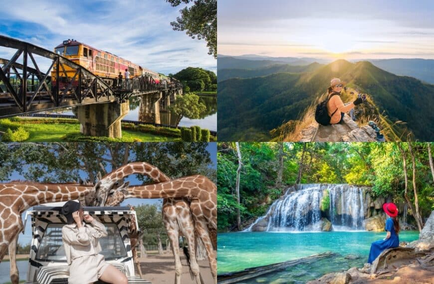 ภาพตัดต่อสี่ฉากการเดินทางในกาญจนบุรี: รถไฟข้ามสะพาน, นักปีนเขาบนภูเขา, คนอยู่กับยีราฟ, และผู้หญิงอยู่ใกล้น้ำตกในป่า—แรงบันดาลใจที่สมบูรณ์แบบสำหรับการเที่ยวกาญจนบุรี.