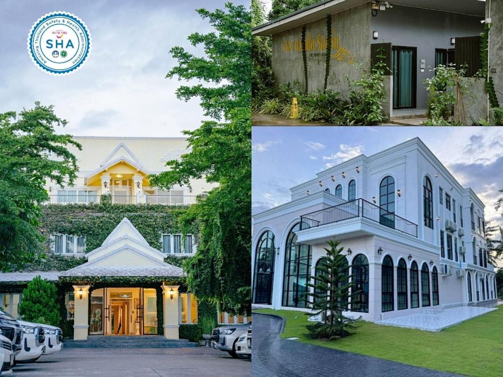 ภาพตัดต่อของอาคารโรงแรมในเชียงรายสามแห่งที่แตกต่างกัน มีสถาปัตยกรรมหลากหลายรูปแบบ พร้อมโลโก้การรับรอง SHA อยู่ที่มุมบนซ้าย.