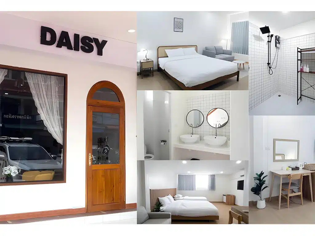 ภาพตัดต่อของโรงแรมทันสมัยชื่อ DAISY แสดงให้เห็นภายนอก ห้องพัก ห้องน้ำที่มีอ่างล้างหน้าคู่ พื้นที่อาบน้ำ ที่นั่ง และโต๊ะเครื่องแป้งในสไตล์มินิมอลสีขาว—เหมาะสำหรับผู้ที่มองหาที่พักในน่านหรือโรงแรมสไตล์โมเดิร์นในน่าน.