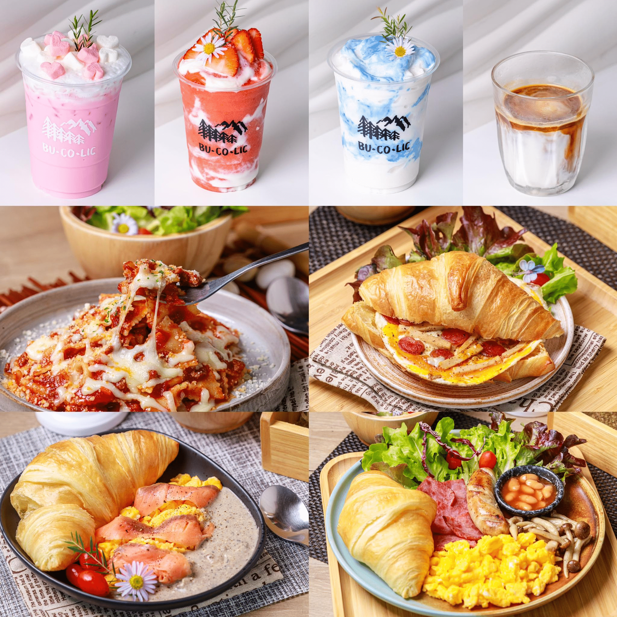 เครื่องดื่มหลากสีสันและกาแฟ พาสต้ากับชีสละลาย และจานอาหารเช้าครัวซองต์กับไข่ สลัด แซลมอน และเบคอน จัดวางบนจานไม้และเซรามิก—เหมาะอย่างยิ่งสำหรับการเติมเต็มวันหยุดพักผ่อนที่เขาใหญ่.