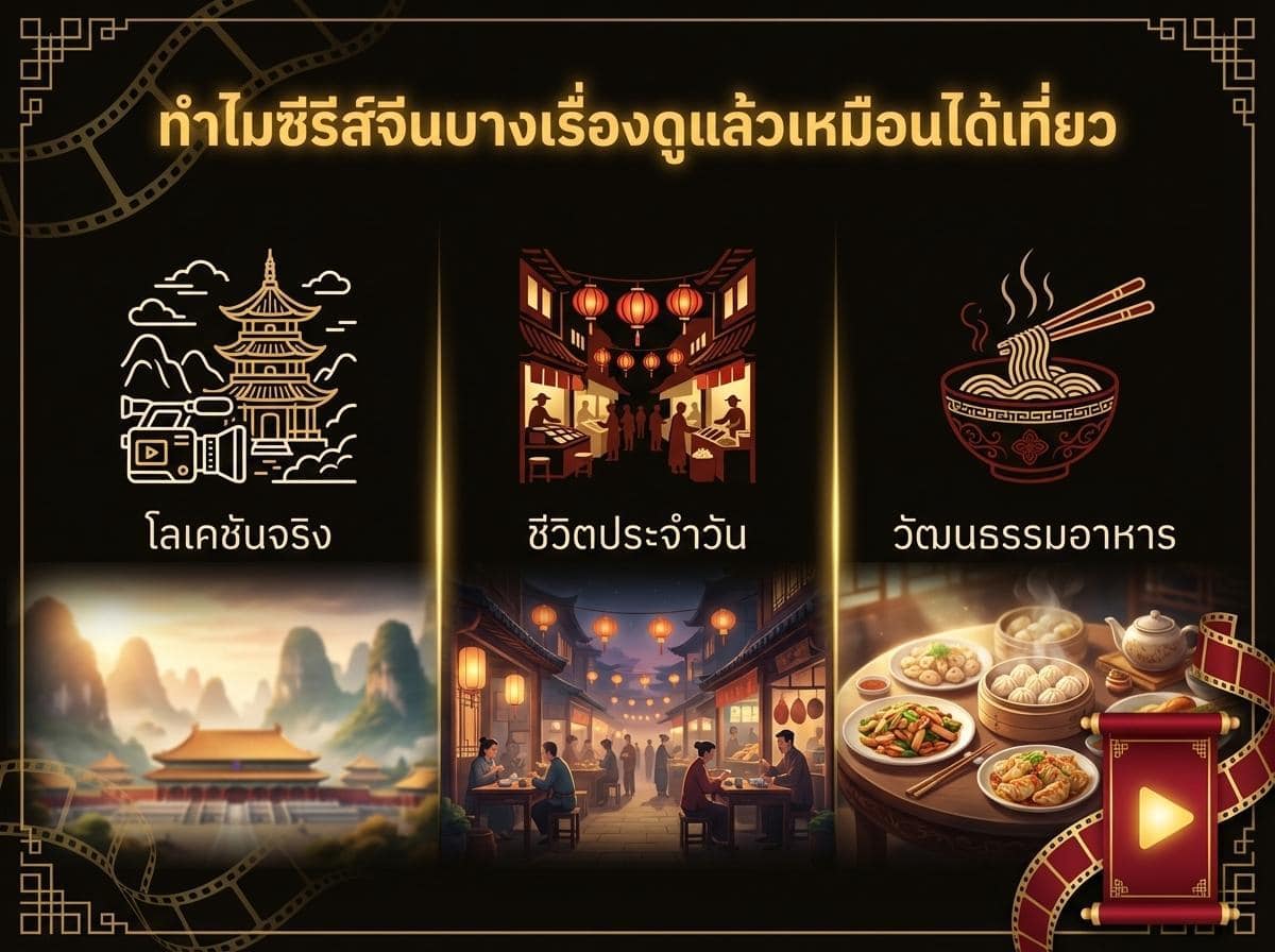 อินโฟกราฟิกภาษาไทยประกอบด้วยสามแผงภาพประกอบที่แสดงสถานที่สำคัญในจีน ชีวิตประจำวัน และอาหารดั้งเดิม พร้อมคำอธิบายว่าทำไมซีรีส์จีนจึงให้ความรู้สึกเหมือนได้ท่องเที่ยว.