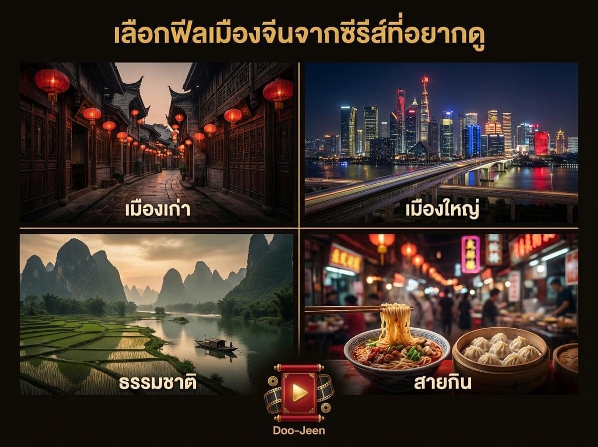 ภาพตัดปะประกอบด้วยภาพสี่ภาพที่มีป้ายกำกับ: เมืองเก่าพร้อมโคมไฟ, ทิวทัศน์เมืองสมัยใหม่, ภูมิทัศน์ธรรมชาติพร้อมภูเขาและแม่น้ำ, และโต๊ะอาหารจีน ข้อความภาษาไทยแสดงอยู่ด้านบน.