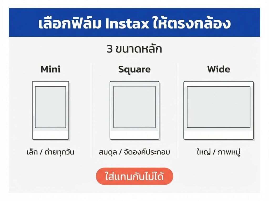 ตารางเปรียบเทียบในภาษาไทย แสดงขนาดฟิล์ม Instax สามขนาด: มินิ, สี่เหลี่ยมจัตุรัส, และกว้าง พร้อมภาพประกอบและคำอธิบายสั้น ๆ ของแต่ละขนาด.