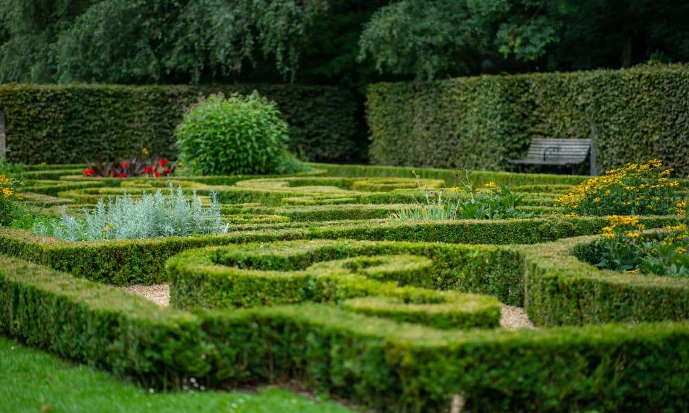 สวนเขาใหญ่ที่ตกแต่งอย่างเรียบร้อยด้วยพุ่มไม้ตัดแต่งเป็นเขาวงกต มีทางเดินกรวดล้อมรอบด้วยพืชพรรณสีเขียวหนาแน่นและมีม้านั่งไม้เป็นฉากหลัง—เหมาะสำหรับผู้ที่มองหาสถานที่ท่องเที่ยวเขาใหญ่เพื่อสำรวจและผ่อนคลายท่ามกลางธรรมชาติ.