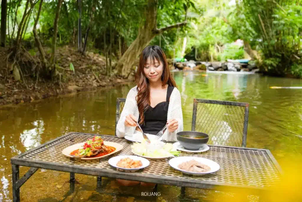 ผู้หญิงคนหนึ่งนั่งอยู่ที่โต๊ะเหล็กซึ่งตั้งอยู่ในลำธารตื้น กำลังเพลิดเพลินกับมื้ออาหารที่มีหลายจาน ล้อมรอบด้วยต้นไม้เขียวชอุ่ม เธอแผ่บรรยากาศแห่งความสุขออกมาท่ามกลางธรรมชาติที่สงบเงียบ.