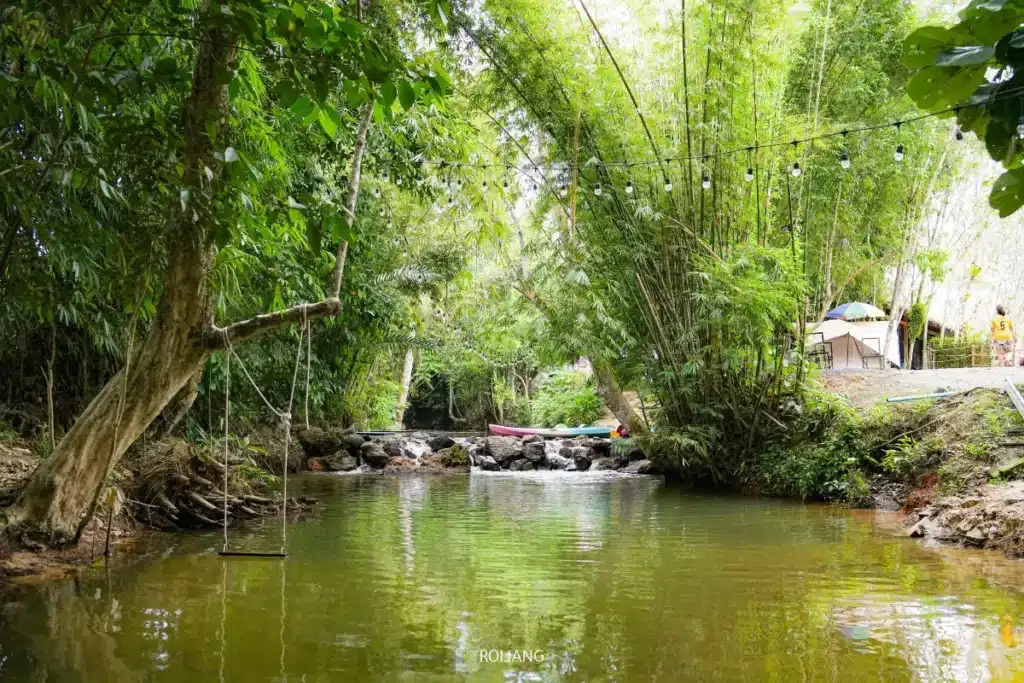 ลำธารที่เงียบสงบล้อมรอบด้วยต้นไม้เขียวชอุ่ม มีชิงช้าเชือก เต็นท์ขนาดเล็ก เรือคายัค และไฟประดับที่สร้างบรรยากาศแห่งความสุขในเบื้องหลัง.