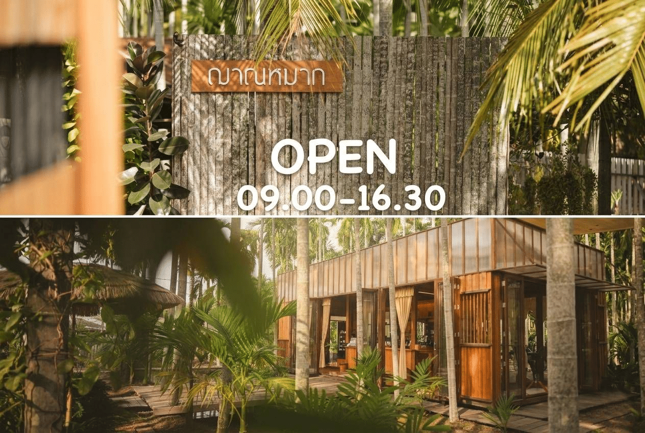 สองภาพของคาเฟ่ที่อบอุ่นล้อมรอบด้วยต้นไม้เขตร้อน เหมาะสำหรับผู้ เที่ยวใกล้กรุงเทพ ที่ต้องการหาที่เที่ยวใกล้กรุงเทพ. ป้ายภาษาไทยอยู่เหนือประตู และมีข้อความระบุเวลาเปิดทำการคือ 09:00-16:30.