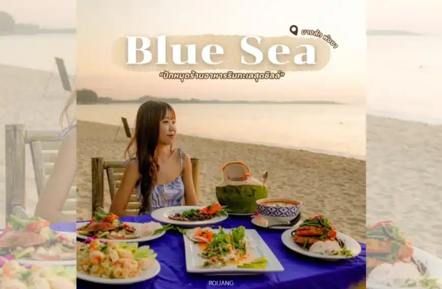 ผู้หญิงคนหนึ่งนั่งอยู่ที่โต๊ะบนชายหาด มีจานอาหารหลายใบและกาน้ำชาอยู่ด้วย เธอมองไปที่ทะเลสีครามในยามพระอาทิตย์ตกดิน.