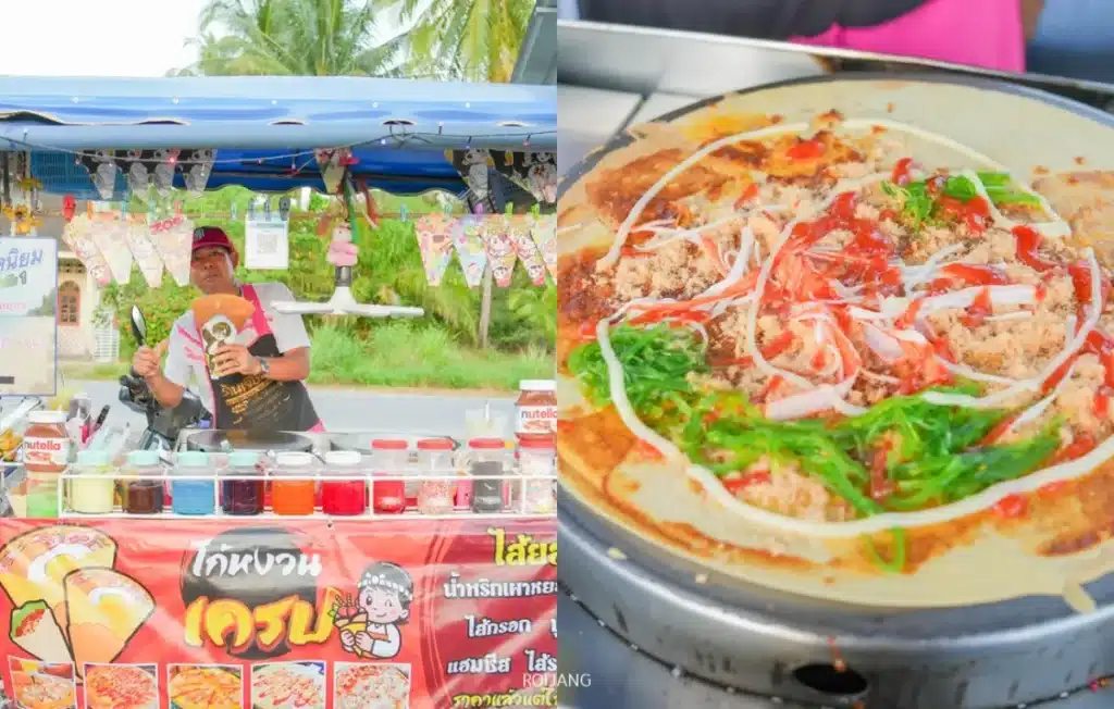 พ่อค้าแม่ค้าขายของตามถนนยืนอยู่หลังรถเข็นที่มีท็อปปิ้งและวัตถุดิบสีสันสดใส ปล่อยรังสีความสุขออกมา ข้างๆ มีภาพโคลสอัพของเครปคาวที่เตรียมไว้พร้อมไส้และซอสหลากหลายชนิด.