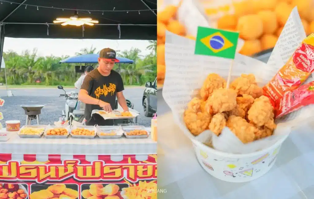 ผู้ขายเตรียมของว่างทอดที่แผงลอยกลางแจ้ง ภาพระยะใกล้แสดงให้เห็นไก่ทอดมีสุขเสิร์ฟพร้อมธงชาติบราซิลเสียบไม้และซอส.