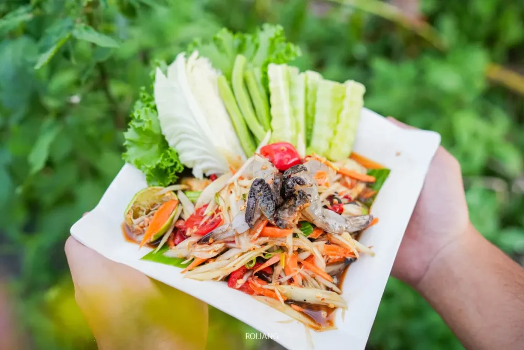 มือหนึ่งถือจานส้มตำไทยพร้อมผักต่างๆ กะหล่ำปลี แตงกวา และโรยหน้าด้วยปูเค็ม ที่ตลาดแคมป์บราเธอร์ โดยมีต้นไม้สีเขียวเป็นฉากหลัง.