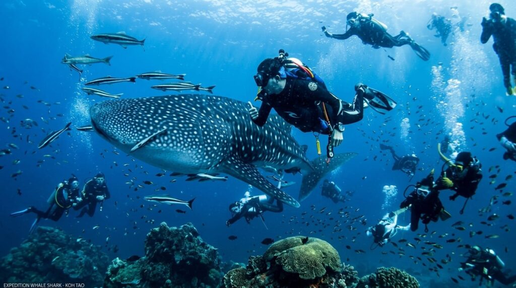 นักดำน้ำสกูบาว่ายน้ำเคียงข้างฉลามวาฬขนาดใหญ่และปลาหลากหลายชนิดเหนือแนวปะการังในน้ำทะเลสีฟ้าใส.