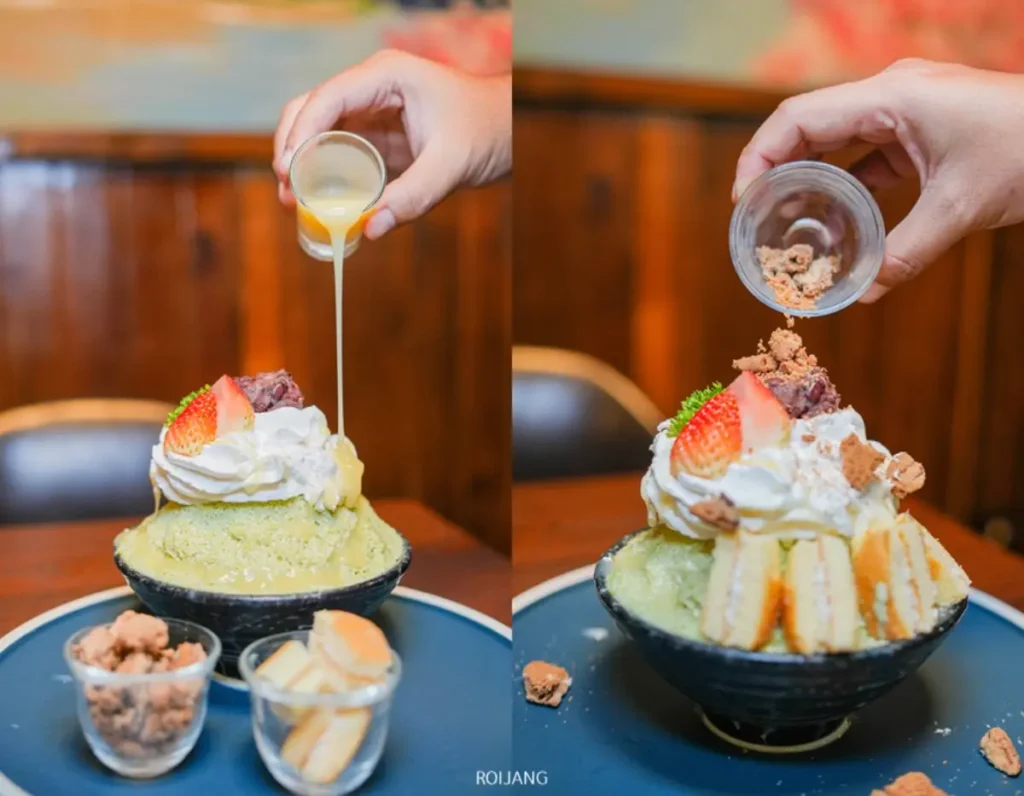 ชามของหวานจาก JAPs ตะกั่วป่า, เติมน้ำแข็งไส, วิปครีม, สตรอเบอร์รี่, ชิ้นเค้ก, และท็อปปิ้ง—ภาพหนึ่งจับภาพขณะที่กำลังเทน้ำเชื่อม, ในขณะที่อีกภาพหนึ่งแสดงให้เห็นเศษขนมที่โรยอยู่.