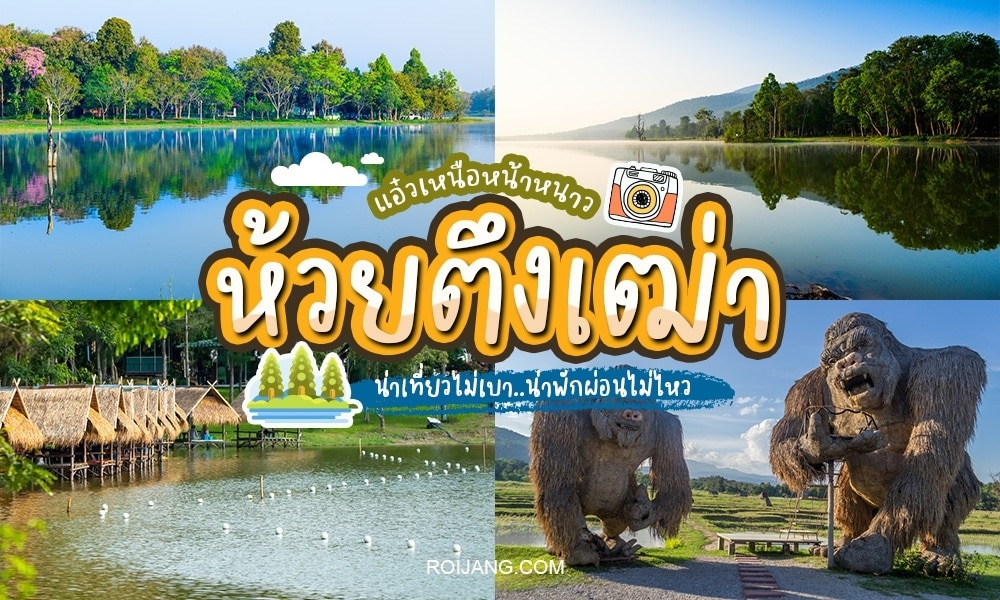 ภาพตัดต่อทิวทัศน์ที่งดงามของทะเลสาบฮวยตึงเต่า สถานที่ท่องเที่ยวยอดนิยมใน ที่เที่ยวเชียงใหม่ ซึ่งประกอบด้วยทะเลสาบ ภูเขา กระท่อมมุงจาก และรูปปั้นกอริลลาขนาดใหญ่.