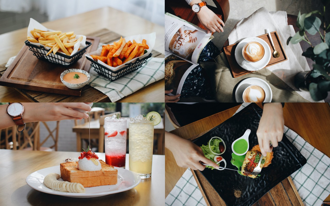 ภาพตัดต่อสี่ภาพที่แสดงเฟรนช์ฟรายส์, กาแฟพร้อมนิตยสาร, ของหวานพร้อมเครื่องดื่ม, และคนกำลังตัดอาหารพร้อมซอส—จับภาพช่วงเวลาอร่อยขณะสำรวจ สถานที่ท่องเที่ยวบุรีรัมย์.