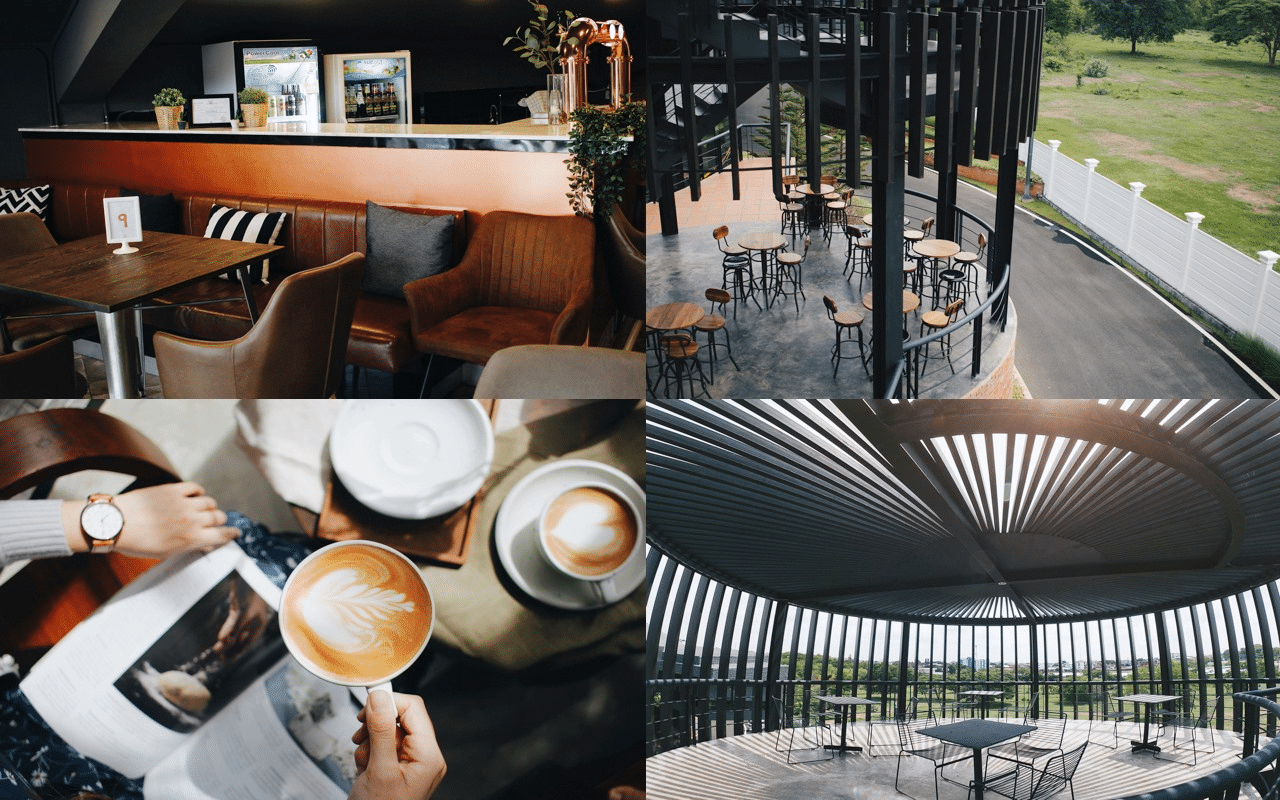 ภาพตัดต่อของคาเฟ่สมัยใหม่ในบุรีรัมย์ที่เที่ยว: ที่นั่งในร่มที่อบอุ่น, ลานกลางแจ้งพร้อมเก้าอี้บาร์, คนถือลาเต้และนิตยสาร, และพื้นที่กลางแจ้งรูปวงกลมที่มีหลังคาไม้ระแนง—เหมาะสำหรับผู้ที่กำลังสำรวจที่เที่ยวบุรีรัมย์.