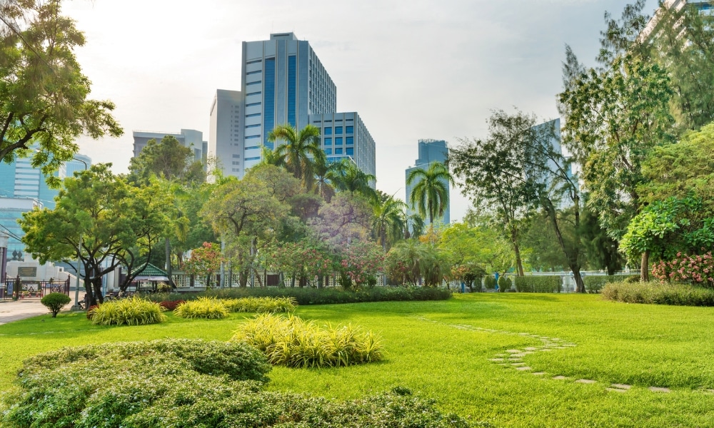 สวนสาธารณะที่ได้รับการดูแลอย่างดี มีหญ้าเขียวขจี ต้นไม้ และพุ่มไม้ตั้งอยู่ท่ามกลางตึกสูงสมัยใหม่—สถานที่ท่องเที่ยวในกรุงเทพฯ ที่เหมาะสำหรับผู้ที่ต้องการสัมผัสธรรมชาติใจกลางเมือง.