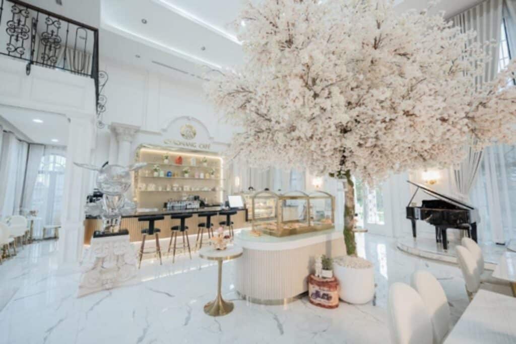 คาเฟ่เจ้านาง (Chaonang Café) เป็นสถานที่ที่สว่างไสวและหรูหรา มีพื้นหินอ่อน ต้นไม้ดอกซากุระปลอมอยู่ตรงกลาง เคาน์เตอร์บาร์พร้อมเก้าอี้สตูล ตู้โชว์ที่น่าดึงดูด และเปียโนสีดำขนาดใหญ่ตั้งอยู่ด้านหลัง.