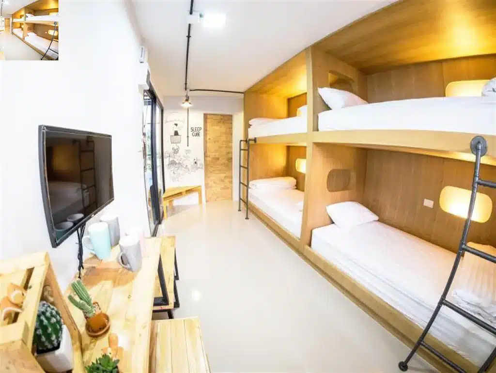 ห้องโฮสเทลที่สว่างสดใส มีเตียงสองชั้นทำจากไม้ ทีวีติดผนัง โต๊ะทำงานพร้อมต้นไม้และแก้วกาแฟ และประตูที่เชื่อมต่อไปยังทางเดิน — เหมาะอย่างยิ่งสำหรับนักท่องเที่ยวที่กำลังมองหาที่พักราคาประหยัดในขอนแก่น หรือผู้ที่กำลังค้นหาโรงแรมในขอนแก่น.